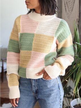 NWT Free People Greylin Gwen Pastel Patchwork Turtleneck Sweater | Size Large
